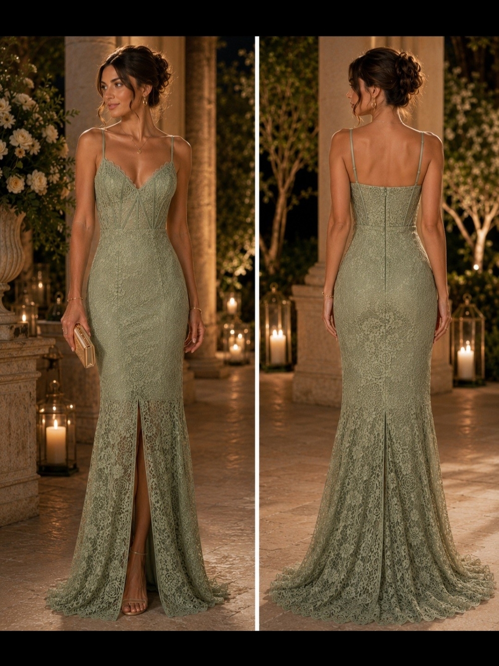 Aiyana Sage Green Lace Spaghetti-Strap Maxi W/Boning Sz S NWT